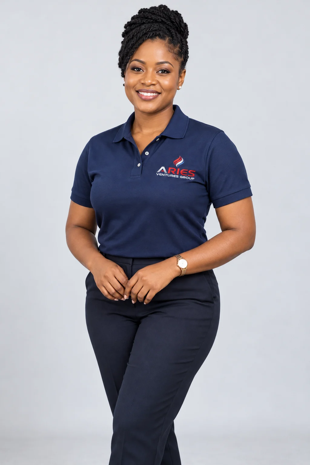 Illustrative brand model wearing an Aries Ventures Group polo shirt
